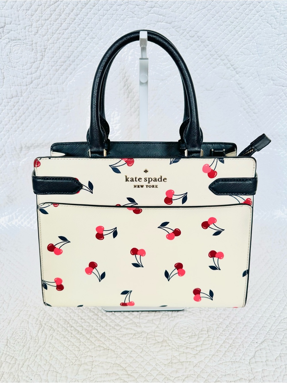 kate spade Cream & Red Cherry Print Hand Bag with Dark Blue Trim